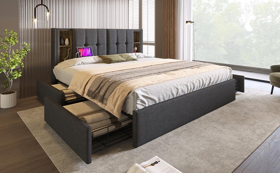 Double Bed with Wireless Charging USB C & 4 Drawers, Upholstered Bed Frame 160x200cm, Wooden Slatted Frame-Grey Linen (With Mattress)