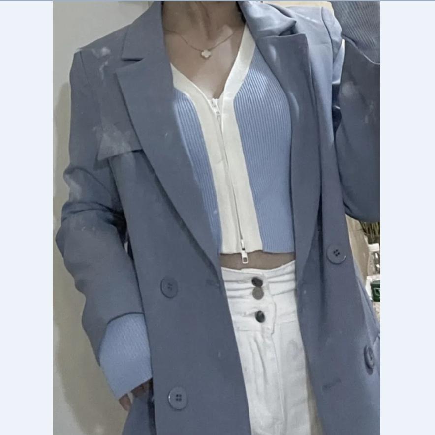 Хорошее качество корейский свободный модный женский костюм пальто двубортный пиджак с надрезом
