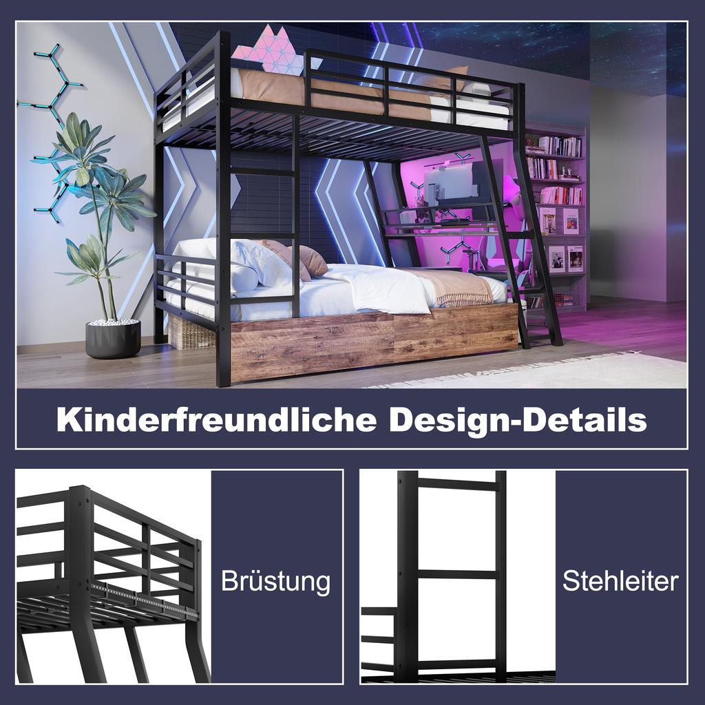 Loft Bed, 140 x 200cm, Iron Frame, LED Strip, Drawers, Railing, Stairs, Desk, without Mattress, Black