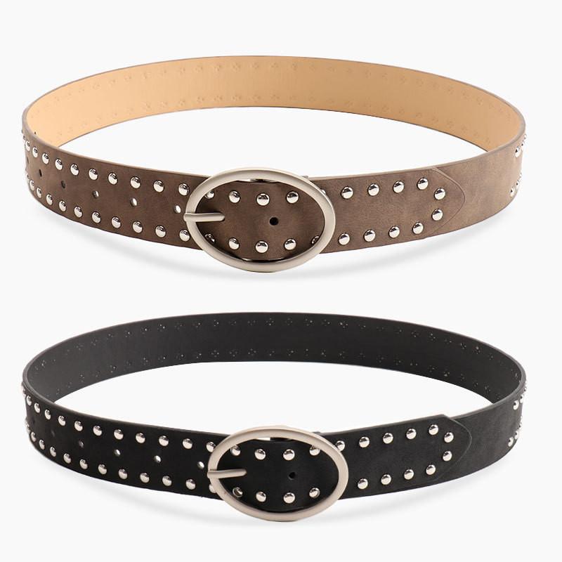 Streetwear Women Leather Rivets Belt With Alloy Metal Buckle For Use Daily