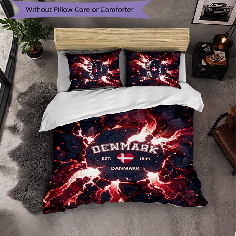 Denmark Football Pattern 3 Pieces Bedding Set Soft Microfiber Duvet Cover with Pillow Cases for Bedroom