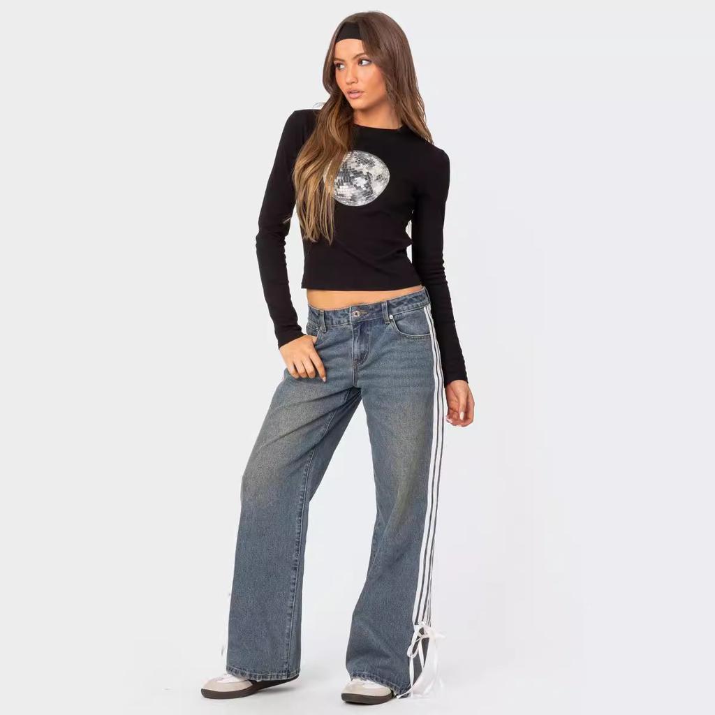 IHUASU Fashion Loose Side Stretch Wide Leg Jeans for Women