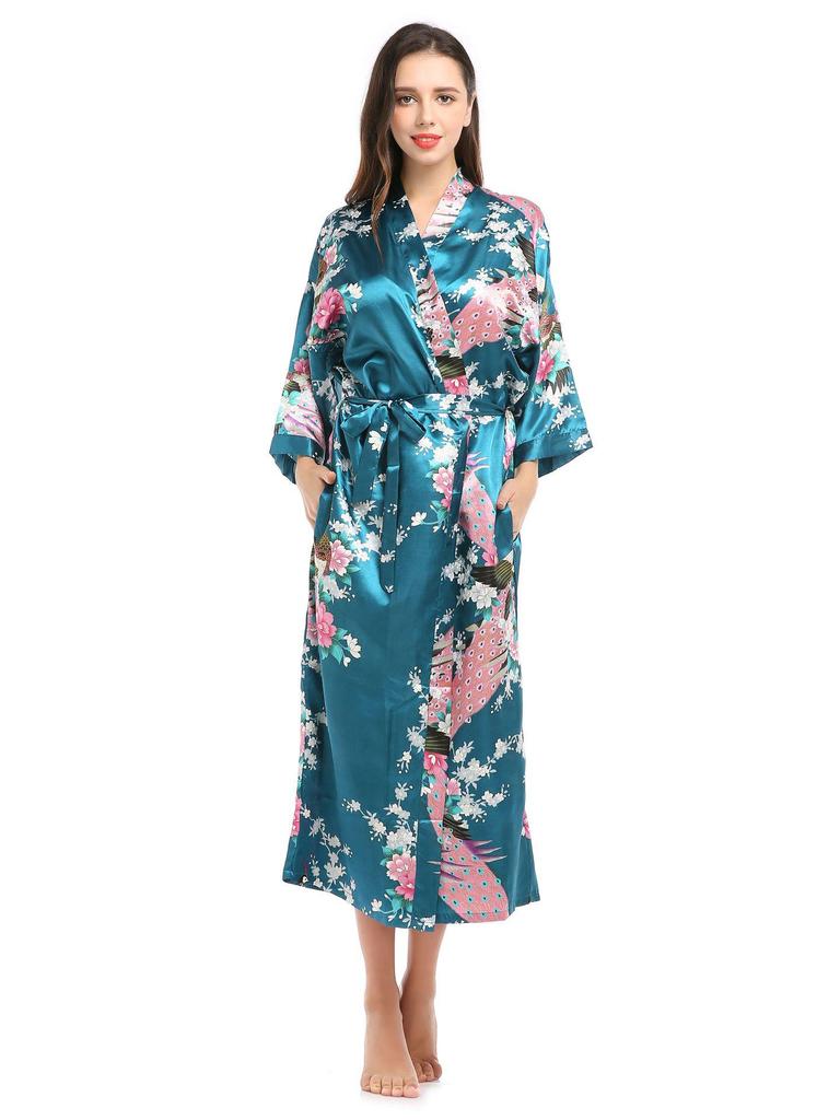 Длинный летний кардиган-пижама с принтом павлина и карманами