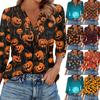 Women's Fashion Casual Lapel 3/4 Sleeve Halloween Print Shirt Women's V-Neck Tops