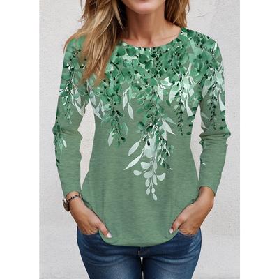Женская футболка 2025 Футболка с цветочным принтом Длинный рукав Базовый свитшот Мода Круглый вырез Стандартный крой Цветочная живопись