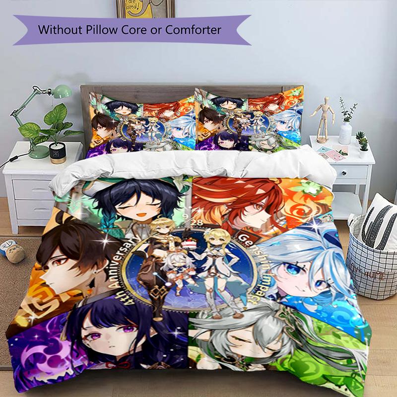 3pcs Duvet Cover Set (1*Duvet Cover + 2*Pillowcase, Without Core), Genshin Impact Print Bedding Set, Bedroom Decor, All‑Season, Birthday Gift