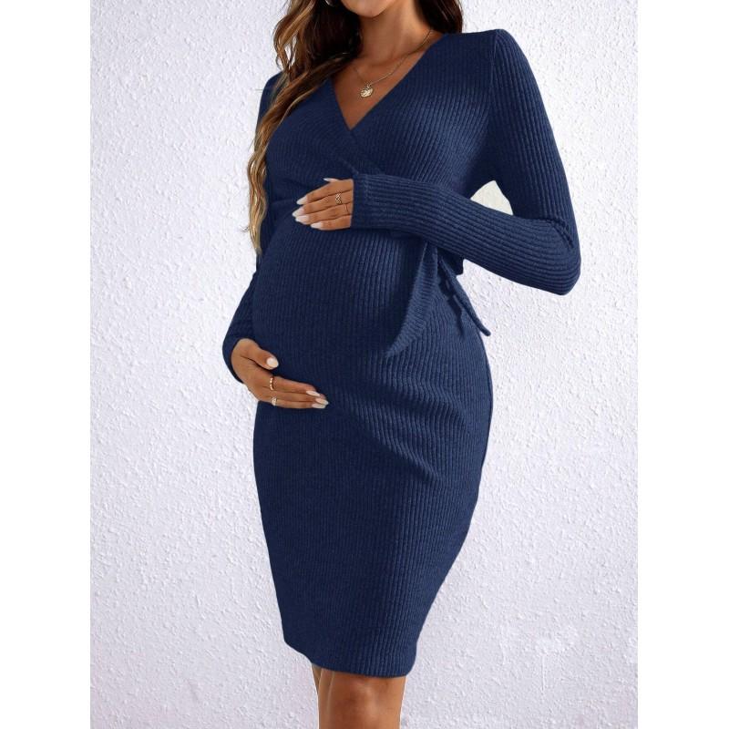 Maternity Knit Dress With V-Neck Long Sleeve Wrap Front Nursing Access Bodycon Midi Skirt Soft Brushed Fabric Fall Winter