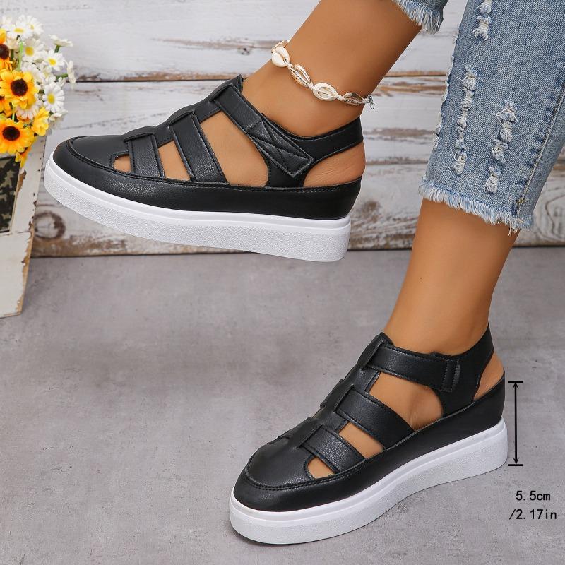 Большие размеры скошенный каблук толстая подошва Baotou женские летние новые липучки полые повседневные сандалии