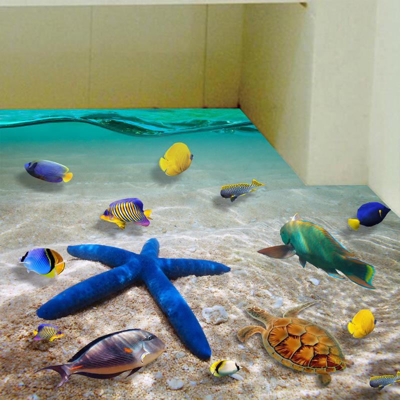 Съемная 3D наклейка на стену Пляж Море, 60x90см, Водонепроницаемые наклейки на пол Морская звезда, Наклейки на стену для детской комнаты, Декор для детской