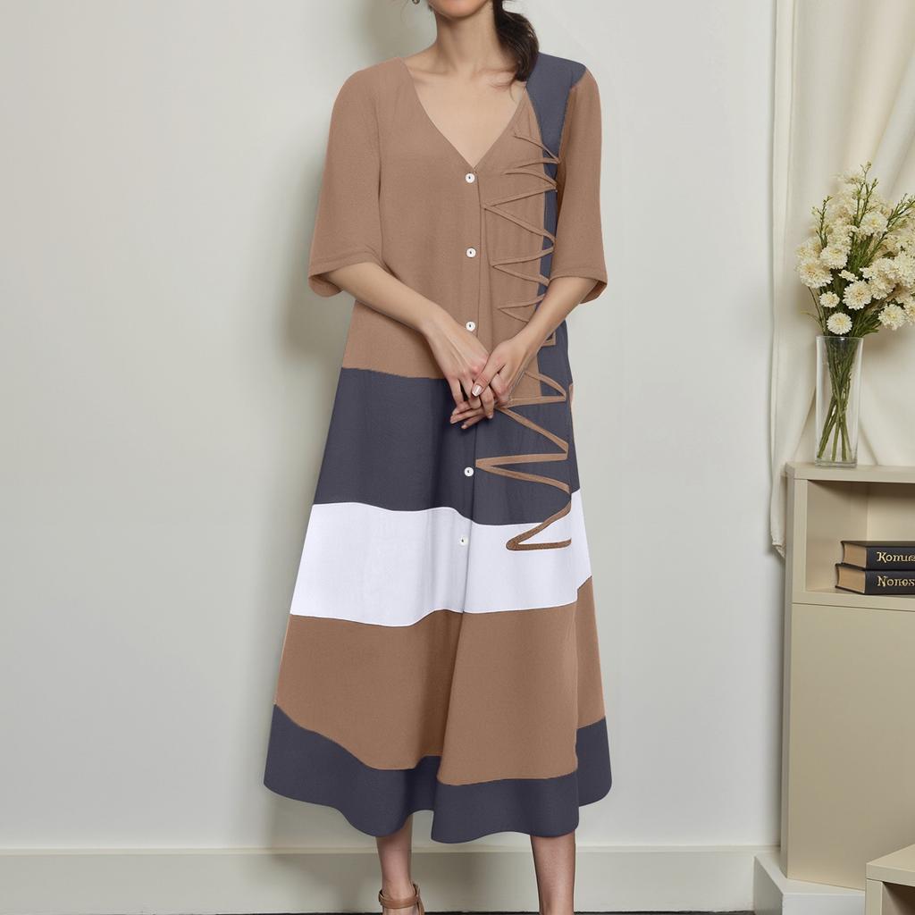 Женское модное платье с V-образным вырезом, короткими рукавами, пуговицами, повседневное, с принтом, длинное