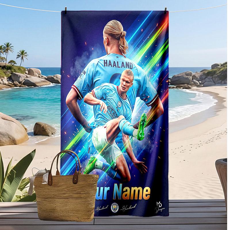 Erling Haaland Personalized Printed Beach Towel Soccer Logo Support Custom Name Text Absorbent Towel For Sport Travel Special Gift
