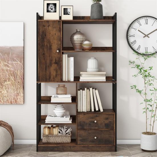 Bookcase, 6 Shelf Bookcase with Doors And Drawers Floor To Ceiling Bookcase, Industrial Bookcase, Steel Shelf,