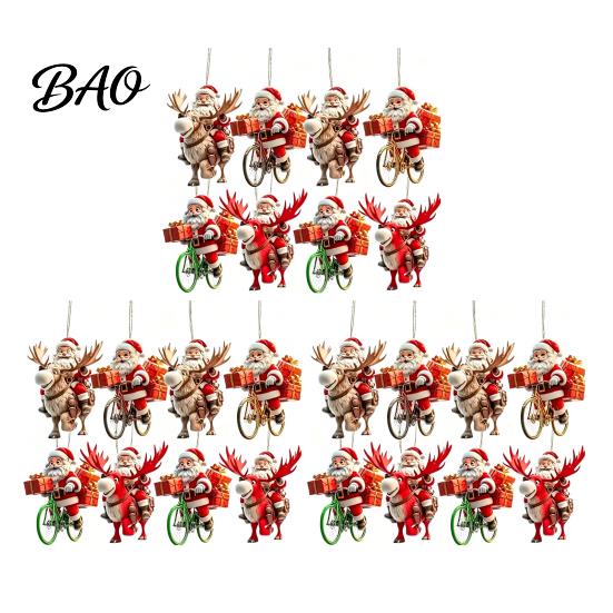 Creative Festive Home Ornaments 8/16/24/32Pcs 2D Flat Christmas Wooden Ornaments, Santa Claus Riding Bicycle Hanging Rustic Tree Supplies Decor,