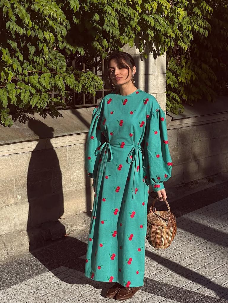 Женское весеннее европейское и американское новое модное ретро-платье с принтом, пышными рукавами, облегающее, на шнуровке