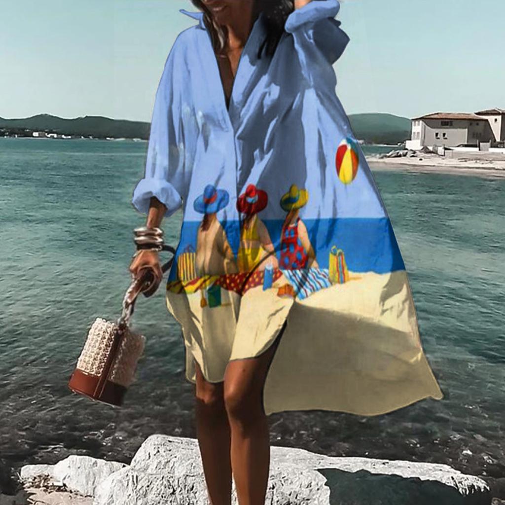 Women Summer Bohemian Dress Casual Print Shirt Dress For Women Fashion Long Sleeve Beach Hawaiian Cover Ups Dresses Clubwear Button Down