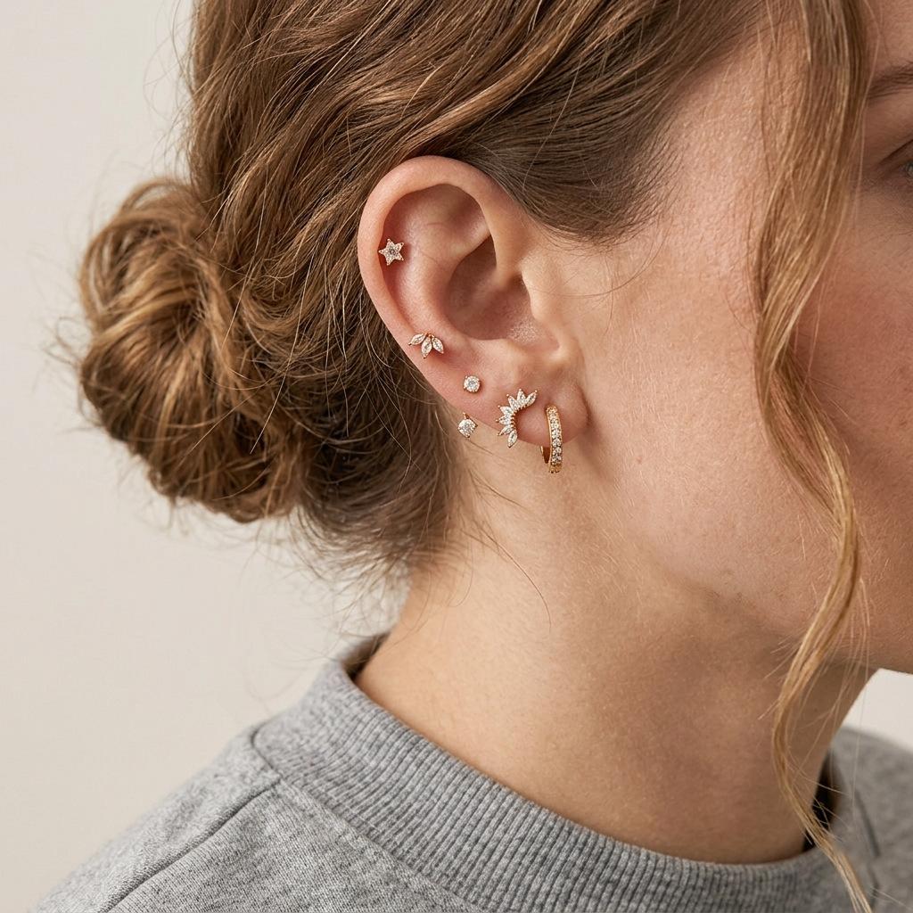 Stainless Steel Gold Plated Hoop Stud Earrings Sets with Zircon Star Leaf Shapes for Women Hypoallergenic Jewelry