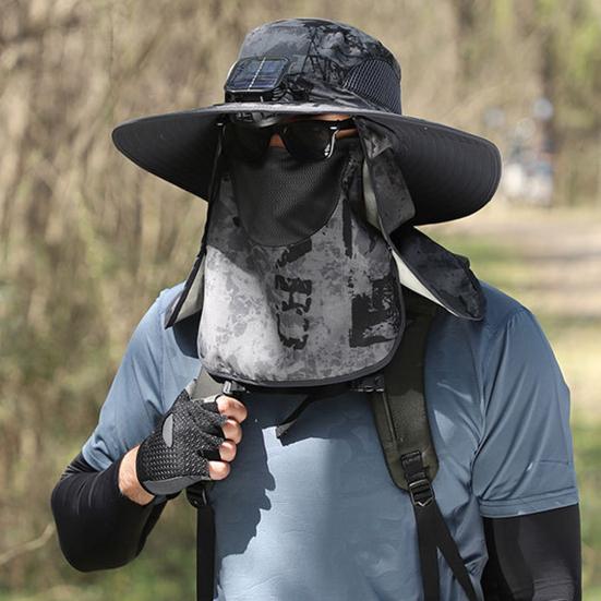 Мужская рыбацкая шляпа с солнечным вентилятором и съемной передней крышкой с большими полями и полой сеткой. Зарядка через USB. Защита от ультрафиолетового излучения и солнечного света. Отличная воздухопроницаемость.