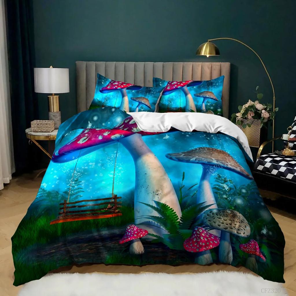 Mushroom Duvet Cover King Queen Size Magic Forest Colorful Cute Psychedelic Mushrooms Polyester Bedding Set for Kids Multicolor