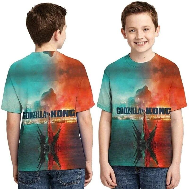 Футболка «Годзилла против монстра Кинг-Конга», футболка с 3D цифровым принтом, детская летняя одежда с короткими рукавами с героями мультфильмов для мальчиков и девочек, подарок