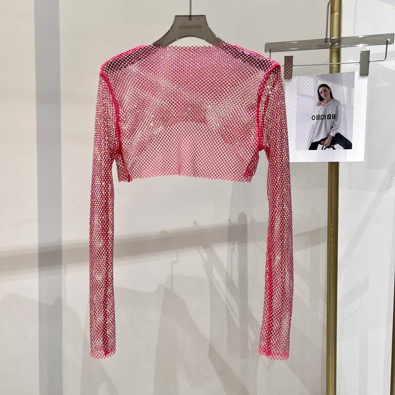 Блестящий сетчатый ромбовидный солнцезащитный топ с длинными рукавами для вечеринки