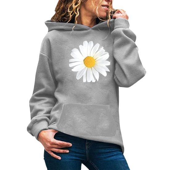 Autumn Spring Hoodie with Big Front Pocket Flower Printing Long Sleeve with Elastic Cuffs Pullover Thic Hooded Sweatshirt Daily Wear Sport Top