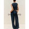 Linen Blend Double Breasted Sleeveless Round Neck Vest Jacket 8129979 Overlapping Waist Casual Pants 8131979