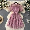 Summer Sweet Girls Beading Pearls Embroidery Flower Dress Women Puff Sleeve Print Mesh Lace Layer Cake Cascading Ball Gown Party Dresses