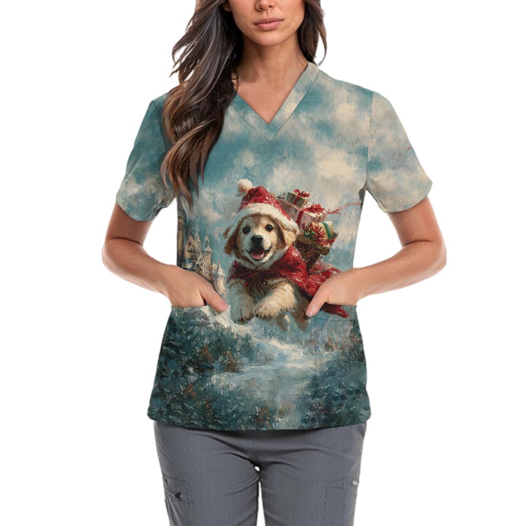 Женская милая блузка с принтом бантиков, рабочая одежда, V-образный вырез, двойной слой, карманы, базовая, с коротким рукавом, пуловер