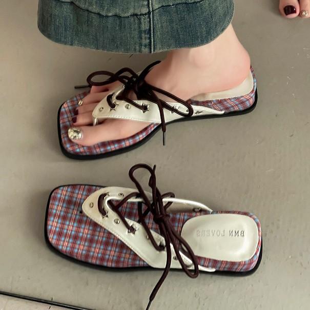 Квадратный носок клетчатые толстоподошвенные женские шлепанцы модный летний универсальный дизайн носок отпуск танкетка шлепанцы сандалии