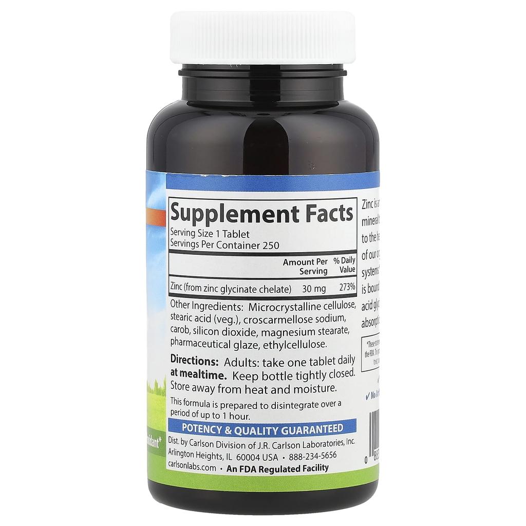 Carlson Chelated Zinc, 30 Mg, 250 Tablets