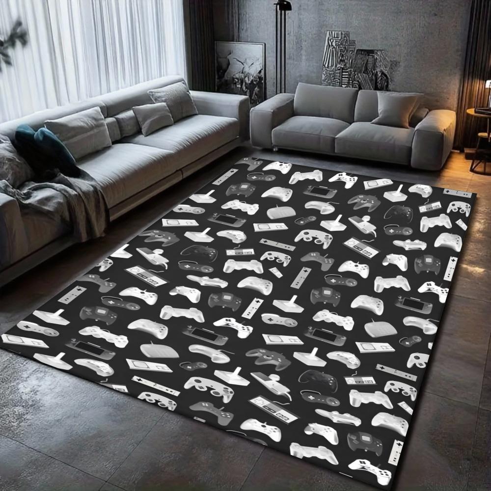 Gaming Theme Large Area Rug Black White Game Controller Accessory Icon Pattern Carpet Floor Mat for Living Room Game Room