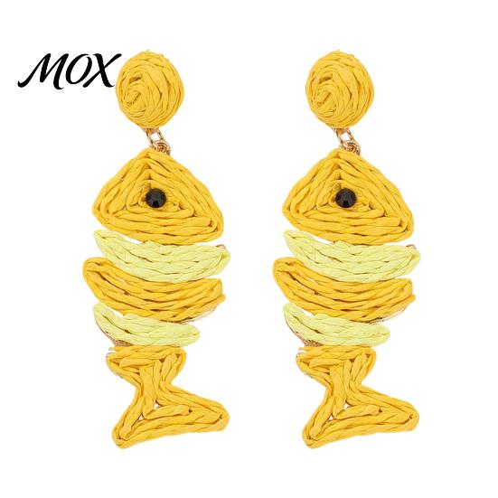 Breathable Earrings 1 Pair Boho Raffia for Women, Handmade Rattan Fish Shape Natural Jewelry Earrings, Bohemian Straw Drop Dangle Summer Tropical