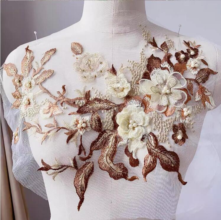 1 Piece Large 3D Lace Applique Trim Patches Pearl Purple Flower For Prom Wedding Dress Accessory Lace Fabric DIY 33*26cm