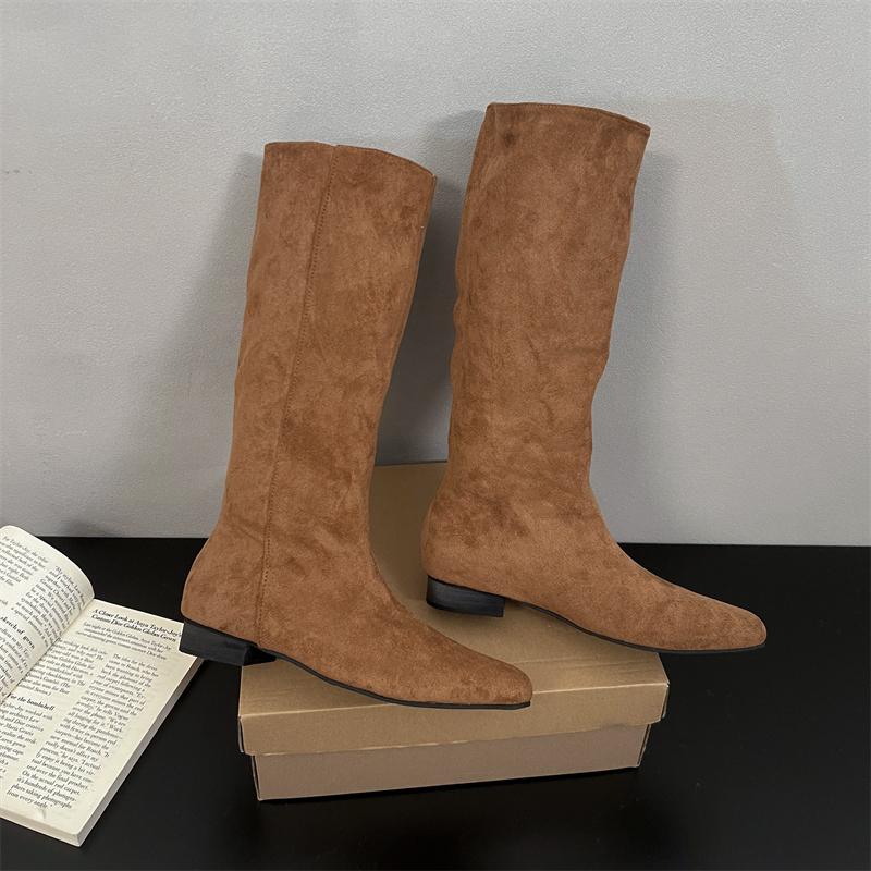 Осень Зима Эластичные Облегающие Женские Сапоги до Колена Модные Слипоны Остроносые Туфли Уличный Стиль Низкий Каблук Рыцарские Длинные Ботильоны