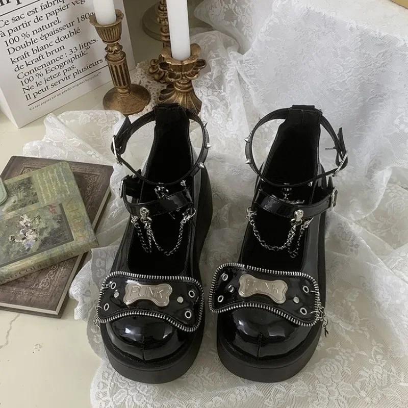 Ботильоны на толстой платформе с металлической цепочкой в стиле панк, женские зимние ботинки Y2K с толстой подошвой, женские черные туфли в стиле готической Лолиты