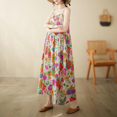 Летнее хлопковое льняное художественное ретро свободное милое платье без бретелек без рукавов А-силуэта с подтяжками повседневные платья