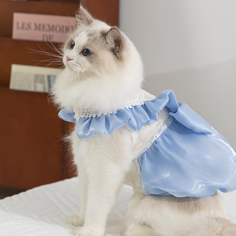 Spring and Summer Big Bow Princess Style Thin Muppet Blue Cat Dress Dog Skirt Pet Clothing Cat Clothing