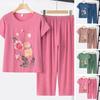 2Pcs/Set Middle-aged Mother Casual Tops Pants Set Embroidery Flower Print O-neck Short Sleeve Pleated Elastic Waist Wide Leg Outfit