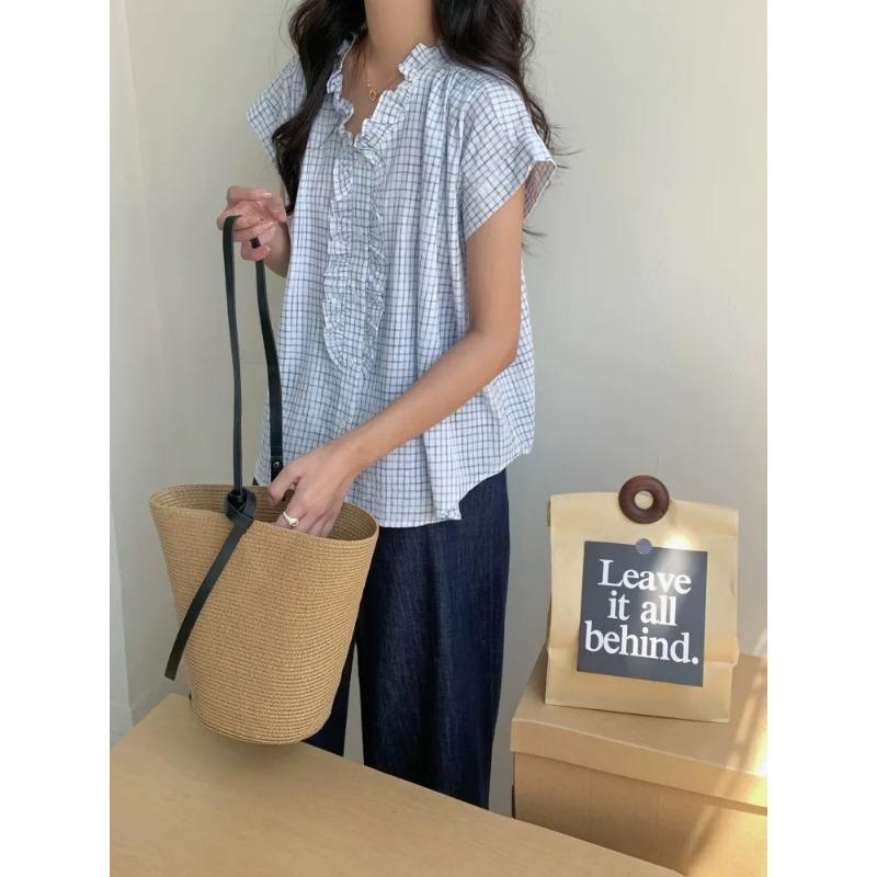 Женская клетчатая блузка темно-синего цвета с оборками, V-образным вырезом, коротким рукавом, свободного кроя, повседневный топ