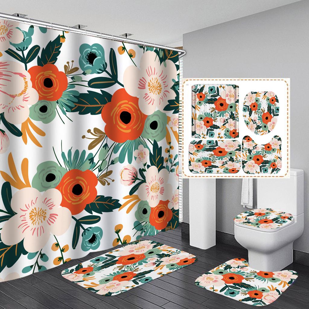 3D Digital Printing Polyester Flower Bathroom Four-Piece Shower Curtain Direct Supply Curtain