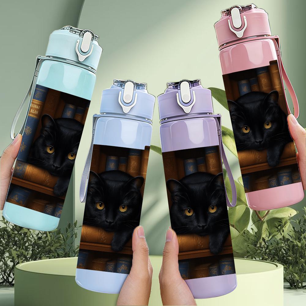 1PC Black Cat Book Stack Scene 750ml Color Plastic Sports Water Bottle Leakproof Flip Straw Lid For Sports Office Home Use