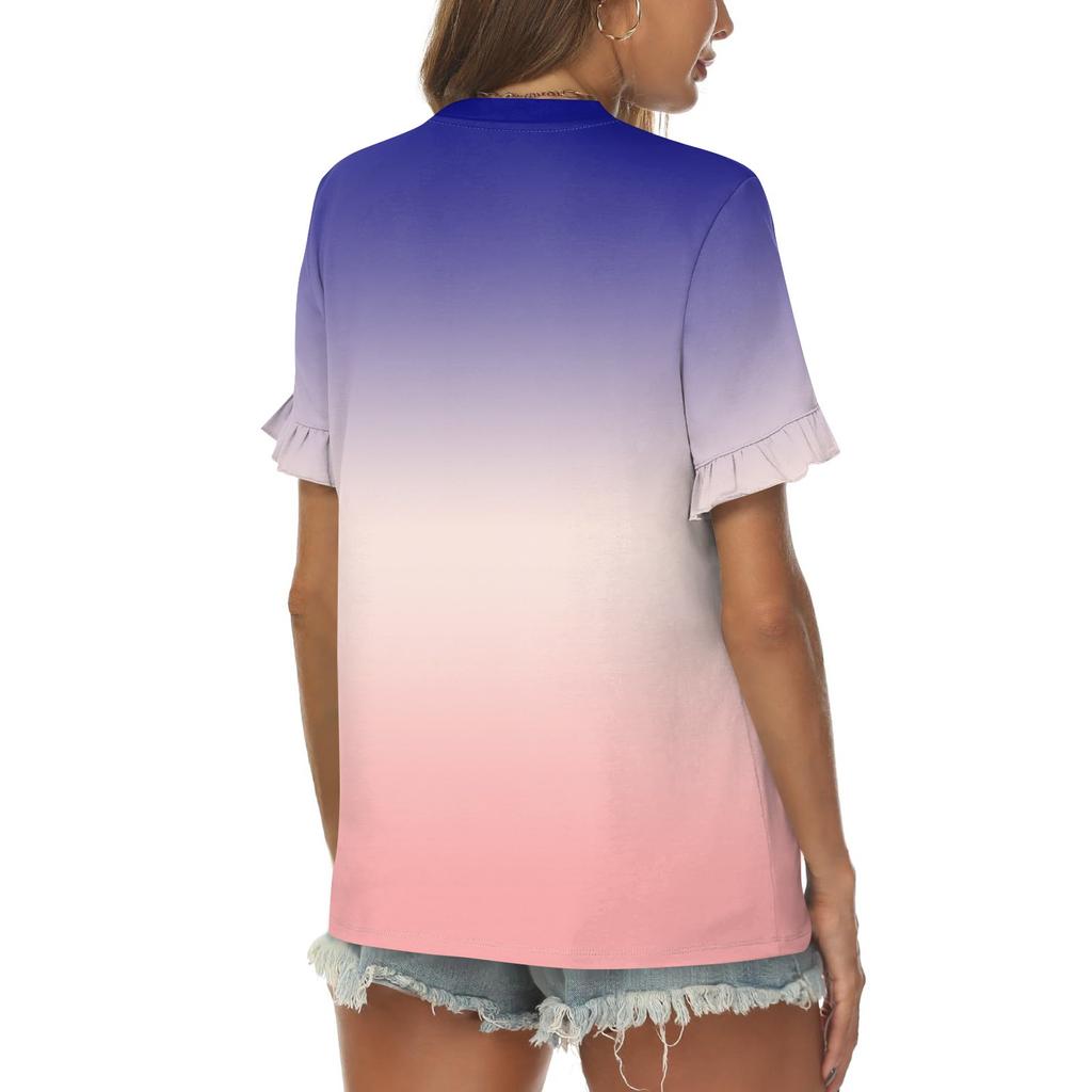 Женская летняя футболка с коротким рукавом и рюшами с принтом и круглым вырезом