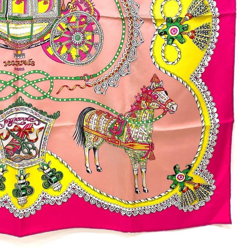 [Б/У] Платок HERMES Carre 90 и 90x90 Розовый Лаймово-зеленый Шелк E1 [Купить сейчас] [PAPEROLES (Paperoles/Дворянин на карете)] 100%