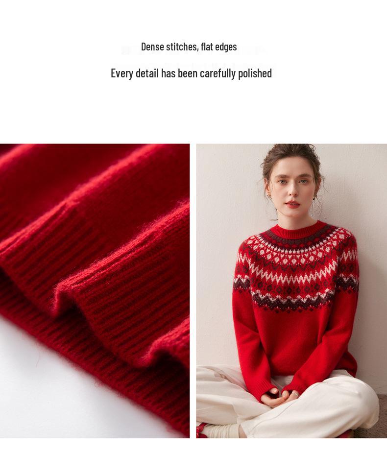 Women's Cashmere Fair Isle Sweater - 2025 Autumn/Winter Collection, Thickened Round Neck, Loose Fit, Long Sleeve Knit Base Layer.