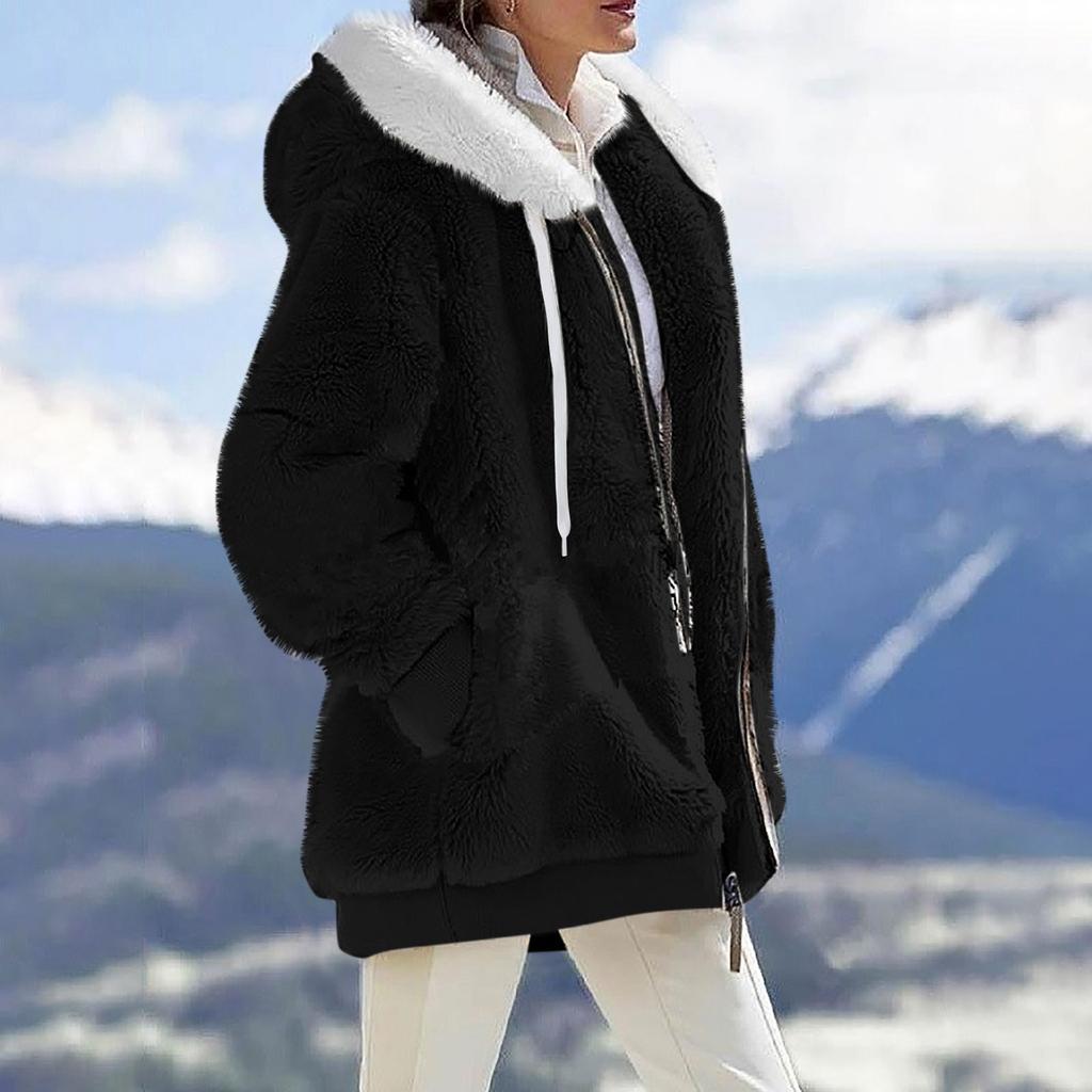 Women's Casual Solid Color Loose Plush Zippered Hooded Jacket With Pockets