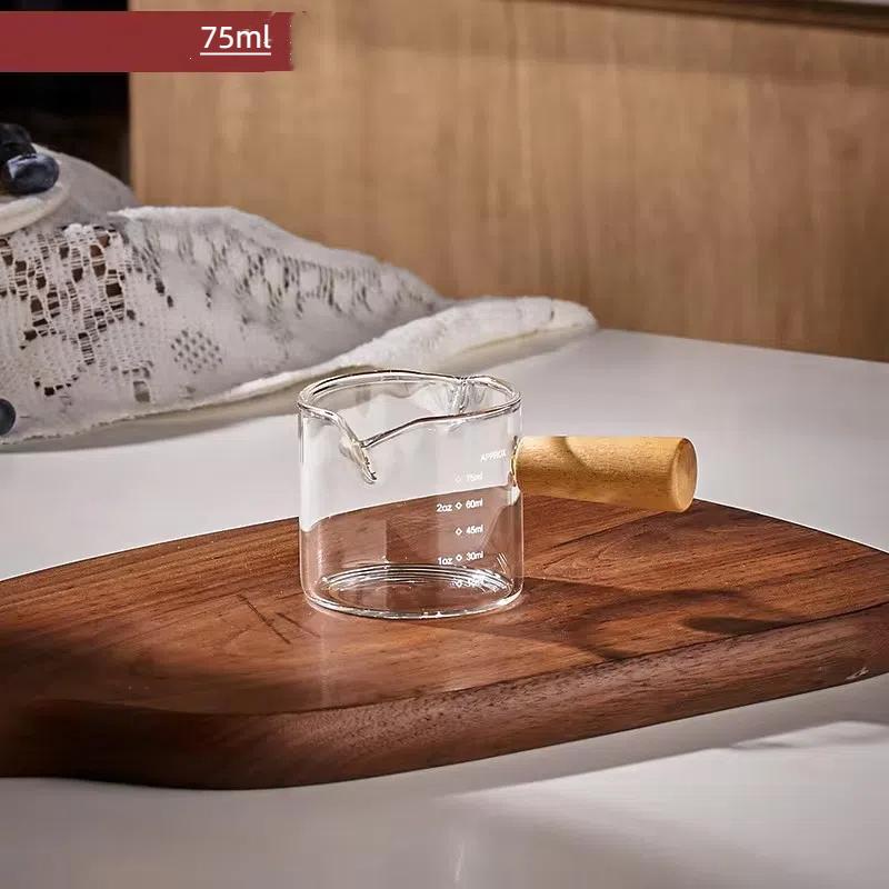 Стеклянный мерный стаканчик для эспрессо с одним/двойным носиком, молочник, принадлежности для кофе, прозрачная кухонная мерная кружка с деревянной ручкой