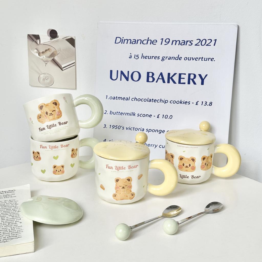 Cartoon Butter Bear Cup Couple Ceramic Cup Girls High Looking Mug with Lid Spoon Home Office Water Cup