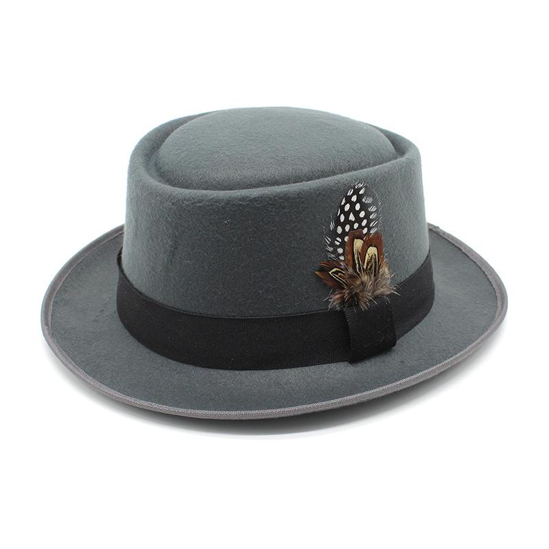 Hat Female British Retro Fashion Versatile Jazz Hat Flat Top Tweed Feather French Top Hat