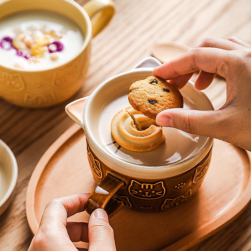 Японская мультяшная кружка для кофе с рисунком кошки на крышке, маленькая тарелка, милая чашка для завтрака, креативная чашка для молока, подарок, 300 мл