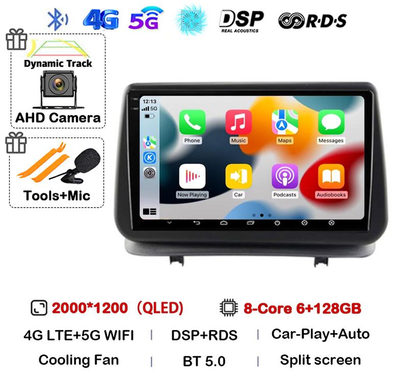 Android 14 Автомобильный Carplay Для Renault Clio 3 CLIO 3 2005-2014 WIFI+4G Автомагнитола Навигация GPS Стерео Видеоплеер Камера 360 DSP